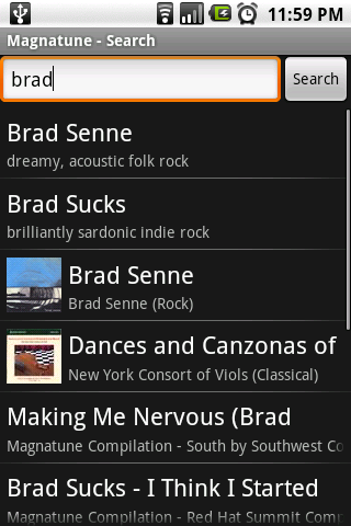 Search results are displayed; note that artists, albums, and songs are all displayed in the same list.