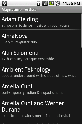 When "Artists" is selected from the main screen, a list of artists is displayed.
